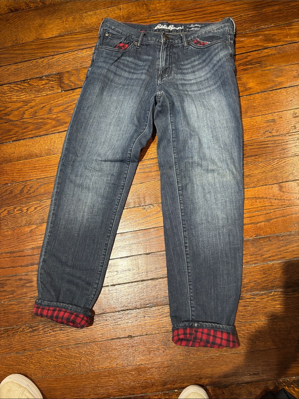 Eddie Bauer Dark Wash Boyfriend Jeans with Red Plaid Cuff